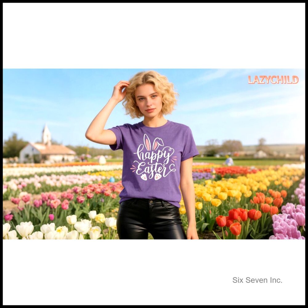Happy Easter Bunny Rabbit Graphic T-Shirt Short Sleeve Top - Picture 7 of 7